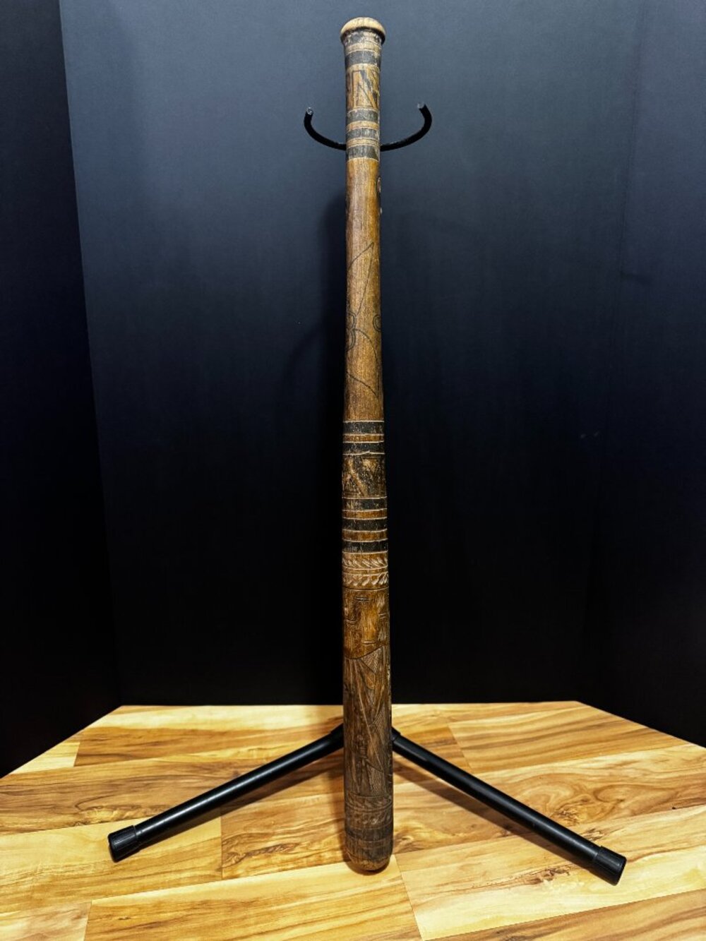 Mexican Folk Art Carved Wood Piñata Bat Stick Mexico 31" Decorative Geometric